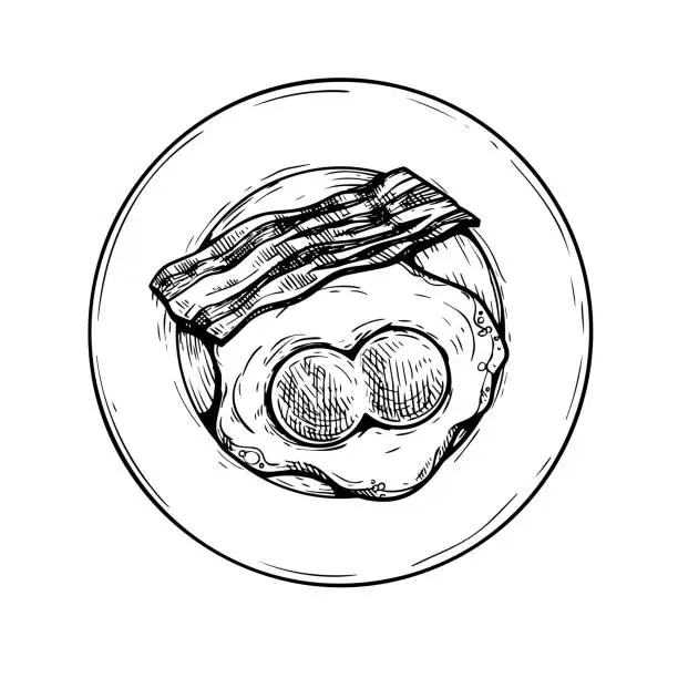 Vector illustration of Plate with fried double-eyed egg and bacon slice. Hand drawn sketch style traditional breakfast drawing. Vector illustration on white background.
