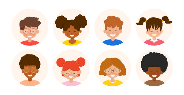 Collection of round children faces. Multiracial group of smiling boys and girls. Happy cute cartoon kids. Collection of round children faces. Multiracial group of smiling boys and girls. Happy cute cartoon kids. Vector illustration. teenager boy haircuts stock illustrations