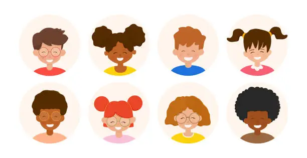 Vector illustration of Collection of round children faces. Multiracial group of smiling boys and girls. Happy cute cartoon kids.