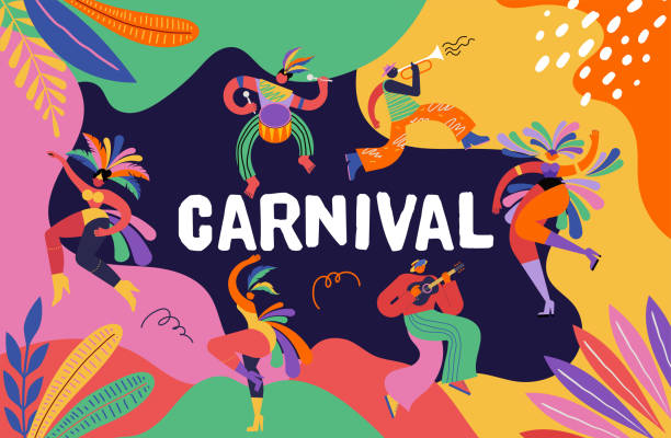 ilustraciones, imágenes clip art, dibujos animados e iconos de stock de feliz carnaval, brasil, sudamérica carnaval con bailarines de samba y músicos. diseño de festivales y eventos de circo con divertidos artistas, bailarines, músicos y payasos deshuesados. fondo colorido con salpicaduras y confeti - samba