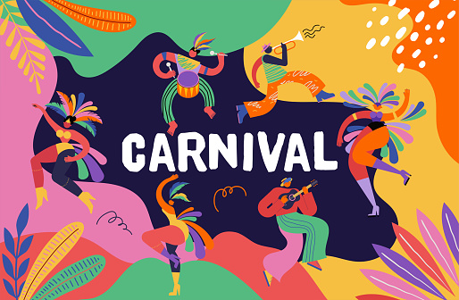 Happy Carnival, Brazil, South America Carnival with samba dancers and musicians. Festival and Circus event design with funny boneless artists, dancers, musicians and clowns. Colorful vector background