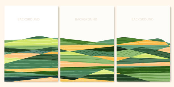 ilustrações, clipart, desenhos animados e ícones de conjunto de formas abstratas campo verde da vista aérea. coleção minimalista de pôsteres de paisagem de campo de verão. vista rural, textura grunge. elementos de design para postagem de mídia social, layout, cartão, plano de fundo - tuscany backgrounds italy textured