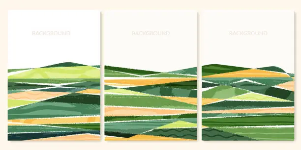 Vector illustration of Abstract farm field collage background. Agro land backdrop, farmland landscape vector illustration with texture. Oriental decorative poster, eco design, green rural template, ecology art header