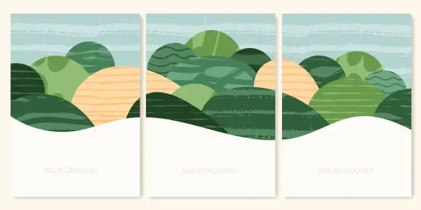 Vector illustration of Green abstract agriculture field vector leaflet. Agro card template, farm presentation. Set of a4 layout with nature theme. Minimalist shape, agri design. Field view with texture background