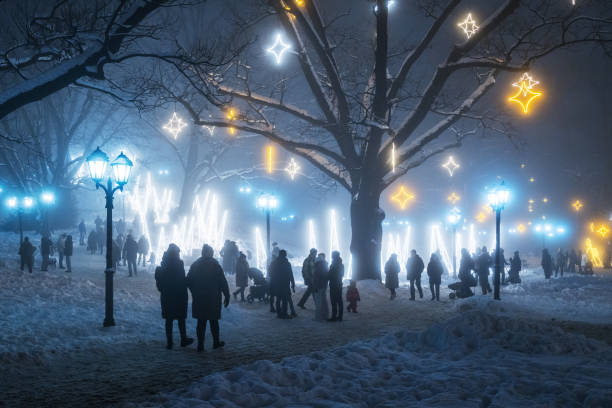 Snowy park in Riga stock photo