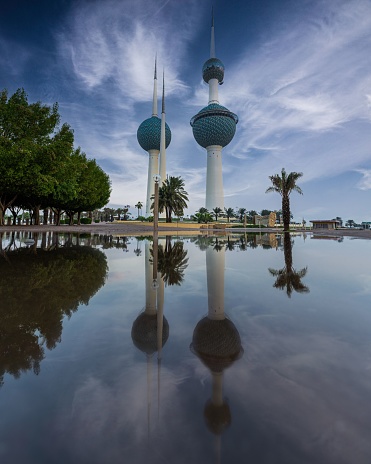 kuwait city, Kuwait – February 15, 2021: A beautiful view of spectacular Kuwait towers' reflection after raining