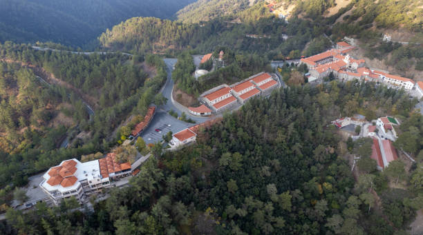 Drone point of view of panagia kykkos christian orthodox monastery. Troodos mountains cyprus Drone point of view of panagia kykkos christian orthodox monastery. monasteries in the mountains. Troodos mountains cyprus europe ayia kyriaki chrysopolitissa stock pictures, royalty-free photos & images