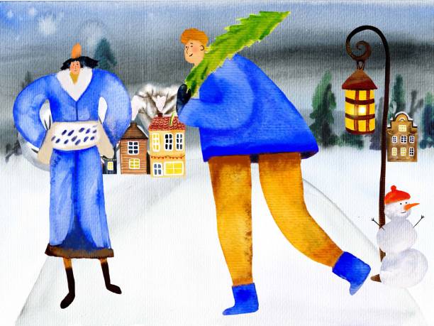 istock Watercolor illustration, background, postcard, a man, a guy carries a Christmas tree, people in winter clothes are walking, a woman with a clutch, a lantern, a snowman, Merry Christmas, Happy New Year. 1450772445