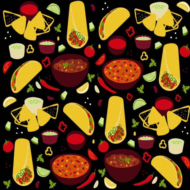 Seamless pattern with Mexican food Tacos, Burrito, Chili Con Carne, Guacamole, Salsa roja sauce illustration on black background Seamless pattern with Mexican food Tacos, Burrito, Chili Con Carne, Guacamole, Salsa roja sauce illustration on black background. carne roja stock illustrations