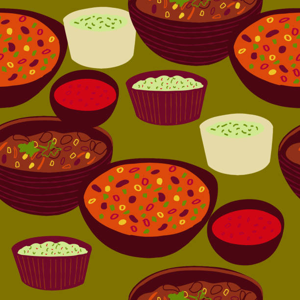 Seamless pattern with Mexican food Chili Con Carne,  Guacamole, Salsa roja sauce illustration Seamless pattern with Mexican food Chili Con Carne,  Guacamole, Salsa roja sauce illustration. carne roja stock illustrations