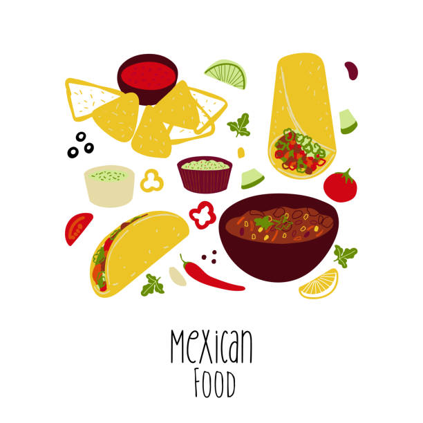 mexikanische essen illustration tacos, burrito, chili con carne, nachos, guacamole isoliert auf weißem hintergrund - guacamole bowl mexican culture drawing stock-grafiken, -clipart, -cartoons und -symbole