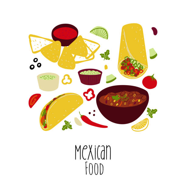 ilustraciones, imágenes clip art, dibujos animados e iconos de stock de ilustración de comida mexicana tacos, burrito, chili con carne, nachos, guacamole aislado sobre fondo blanco - guacamole bowl mexican culture drawing