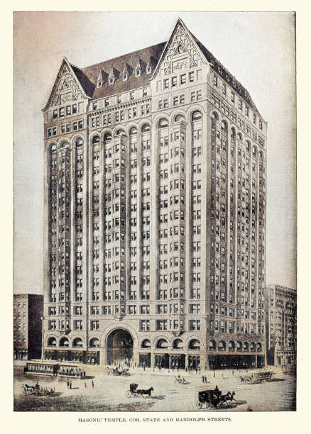 istock Masonic Temple, Skyscraper in Chicago, 19th Century, old illustration colorized, American architecture 1450775967