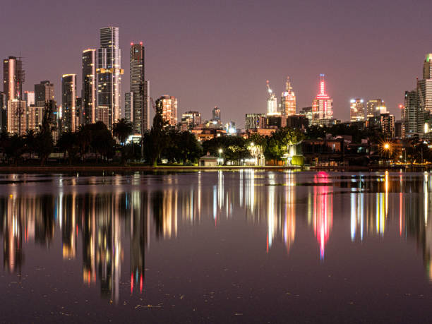 istock Urban skyline night reflections on lake 1450779155