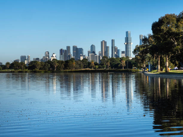 istock Morning reflections on lake next to city skyline 1450779649