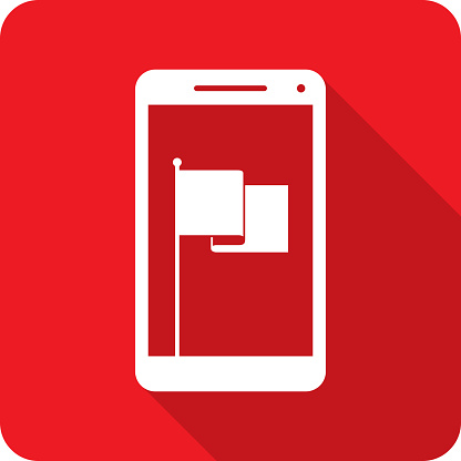 Vector illustration of a smartphone with flag icon against a red background in flat style.