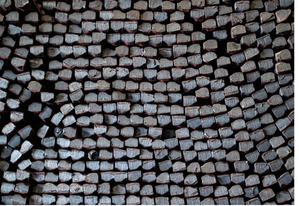 Pile of construction iron bars in warehouse