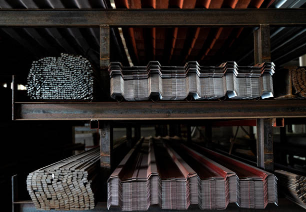 Pile of construction iron bars in warehouse