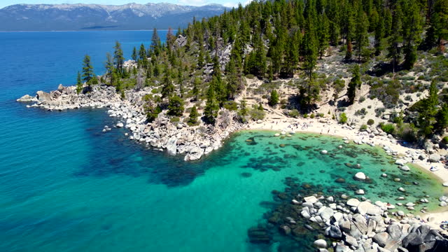 Aerial view Lake Tahoe, a large lake in the state of California, has a rocky coast