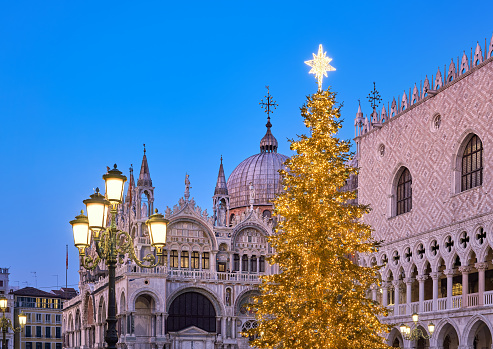 Venice, Veneto Italy - December 18, 2022  Christmas tree in St. Mark's square with Doge's Palace and St Mark's Basilica