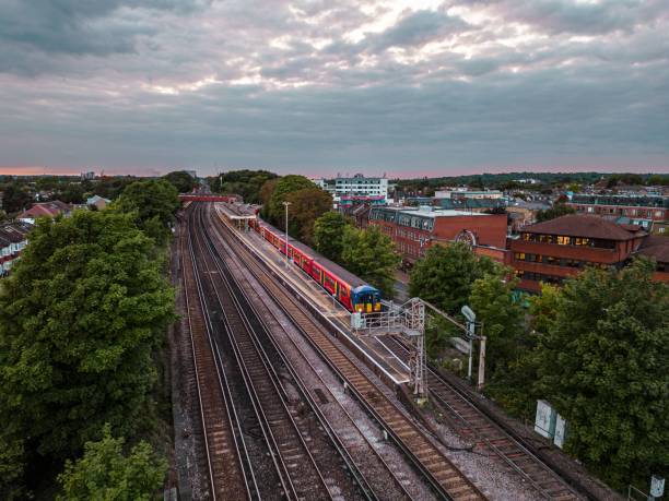istock Aerial view of train rails at Raynes Park 1450786526