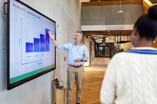 Businessman pointing at graph on large television screen and sharing project details with team at office. Mature man giving presentation o business growth to colleagues at a modern office.