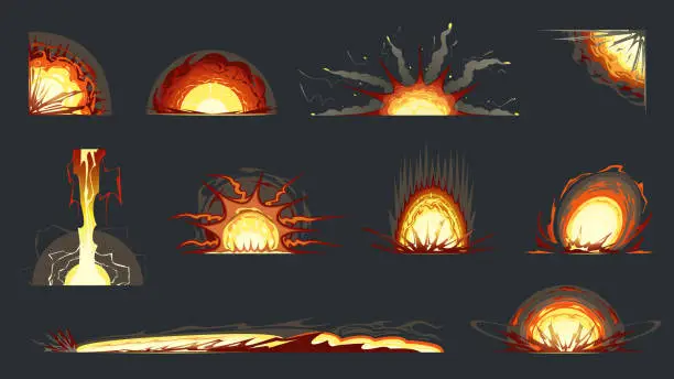 Vector illustration of VFX, explosion effects, bomb, rocket, grenade, dynamite, napalm, flame, lightning energy effect. Heavy weapons and destruction, critical hit. Game, cartoon, comic book, colorful vector, illustration.