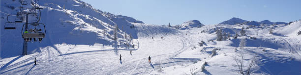 banner 4:1 con pista da sci e persone che sciano con cielo azzurro - european alps cold mountain range clear sky foto e immagini stock