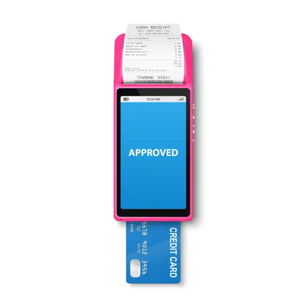 Vector illustration of Vector 3d NFC Payment Machine with Approved Status, Paper Receipt, Credit Card. Wi-fi, Wireless Payment. POS Terminal, Machine Design Template of Bank Payment Contactless Terminal, Mockup. Top VIew