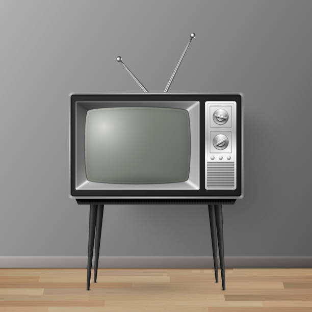 istock Vector 3d Realistic Retro TV Receiver on a Wooden Table Stand. Home Interior Design Concept. Vintage TV Set on the Wooden Floor. Television, Front View 1450803619