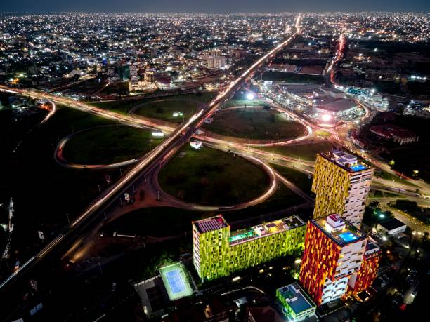 Picturesque night view of the mall area illuminated with colorful lights in Accra, Ghana A picturesque night view of the mall area illuminated with colorful lights in Accra, Ghana ghana stock pictures, royalty-free photos & images