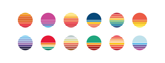 Sun retro badge icon set. Abstract ocean view background inside circles shapes illustrations symbol. Sign summer vector desing.