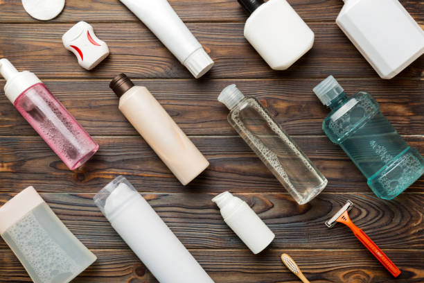 istock Mockup for bathing products top view flat lay, spa razor, toothpaste, soap, gel and other various accessories. Cosmetics for skin health. Bath Mockup for your logo 1450809691