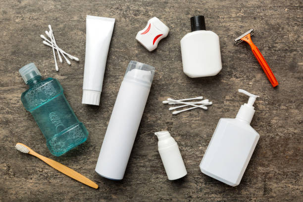 istock Mockup for bathing products top view flat lay, spa razor, toothpaste, soap, gel and other various accessories. Cosmetics for skin health. Bath Mockup for your logo 1450809700