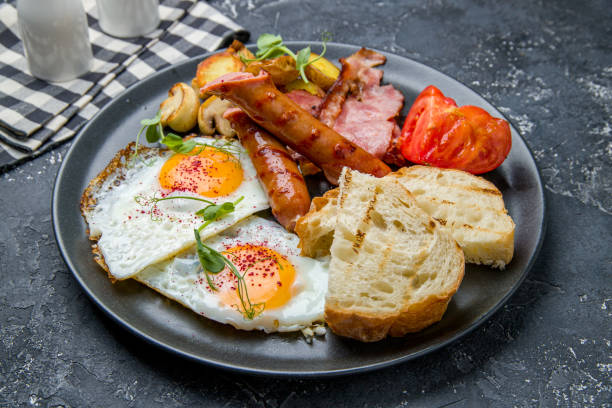 istock English Breakfast on a black plate on dark table 1450810857