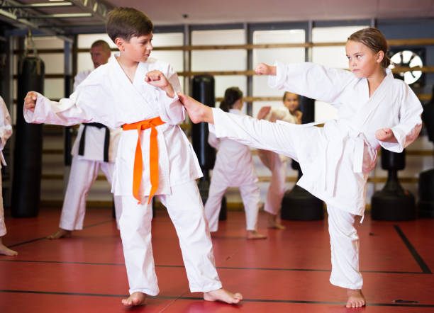 istock Children practicing new karate moves in pairs 1450812411