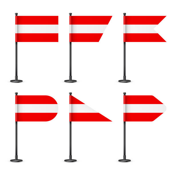 istock Realistic various Austrian table flags on a black steel pole. Souvenir from Austria. Desk flag made of paper or fabric, shiny metal stand. Mockup for promotion and advertising. Vector illustration 1450812871