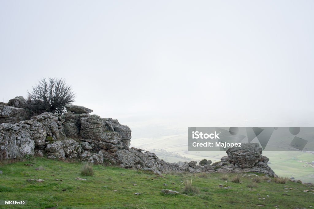 Beautiful landscape in a foggy day Beautiful landscape in a foggy day. Madrid countryside Aerial View Stock Photo