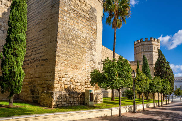Moorish Alcazar in Jerez de la Frontera, ancient stone fortress, Andalusia in Spain stock photo