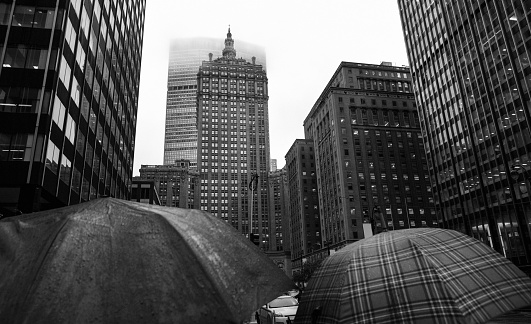 Two umbrellas under rain in New York, USA.