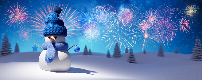 Winter Holidays background with snowman and fireworks in starry night sky 3d render 3d illustration