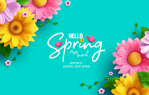 Hello spring text vector background design. Spring greeting typography with fresh bloom flowers and butterfly elements in empty space for holiday season celebration. Vector Illustration.