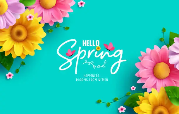 Vector illustration of Hello spring text vector background design. Spring greeting typography with fresh bloom flowers and butterfly