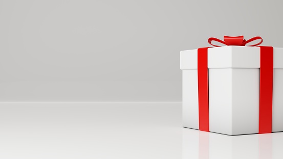 3d rendering of white gift box with red bow, with white background and empty space for text.