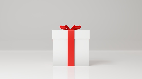 3d rendering of isolated white gift box with red bow, white background, minimalist.