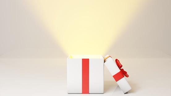 3d rendering of open gift box with red bow with lid on the side, with rays of yellow light coming out from inside, with copy space.