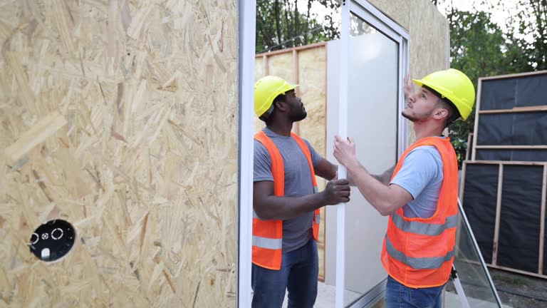 Diverse contractors installing a window at a pre fabricated home construction site