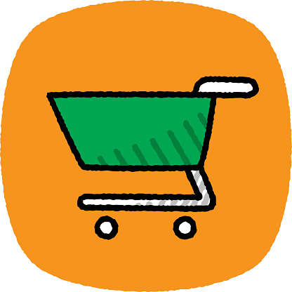 Vector illustration of a hand drawn green shopping cart against an orange background with textured effect.