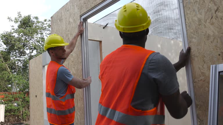 Team of diverse contractors installing the window frames at a prefabricated house