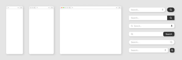 Blank internet browser window with various search bar templates. Web site engine with search box, address bar and text field. UI design, website interface elements. Vector illustration vector art illustration